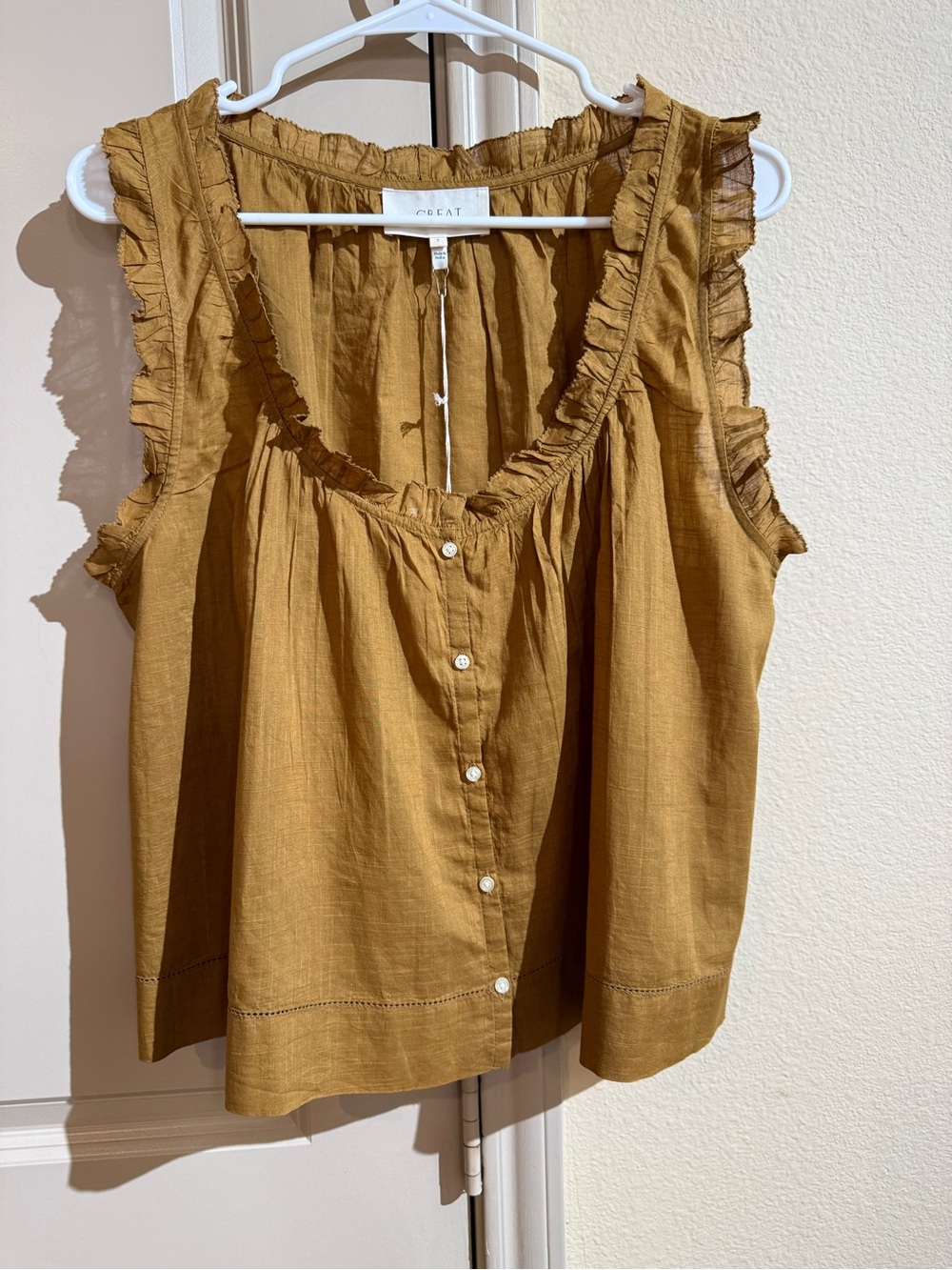 THE GREAT. Sleeveless Button-Front Ruffle Trim Top, Tank Top - Warm Caramel - Picture 6 of 12